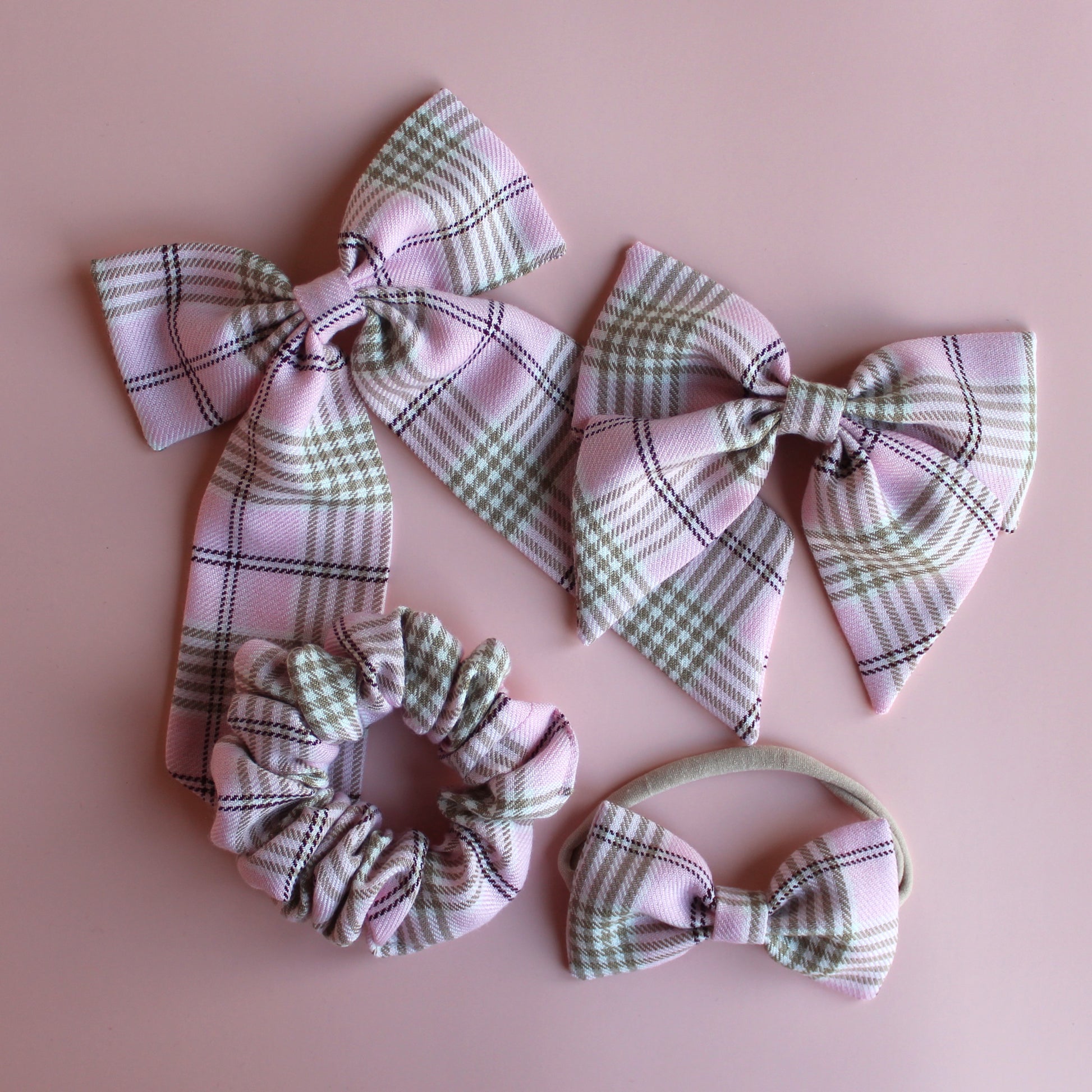 Pink and beige plaid tartan hair accessory gift set - scrunchie, hair bows and baby headband