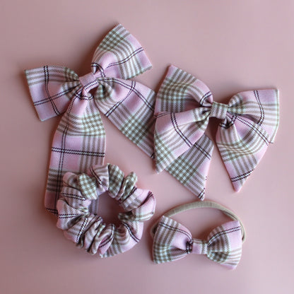 Pink and beige plaid tartan hair accessory gift set - scrunchie, hair bows and baby headband