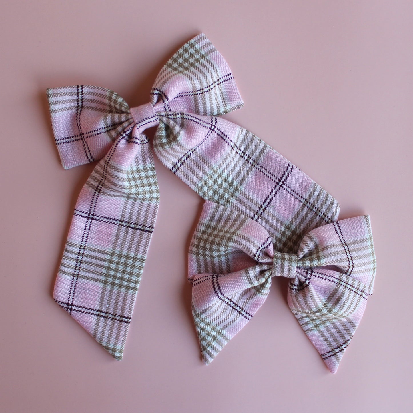 Pink and beige plaid tartan hair accessory gift set -  hair bows 