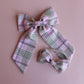 Pink and beige plaid tartan hair accessory gift set -  hair bow and baby headband