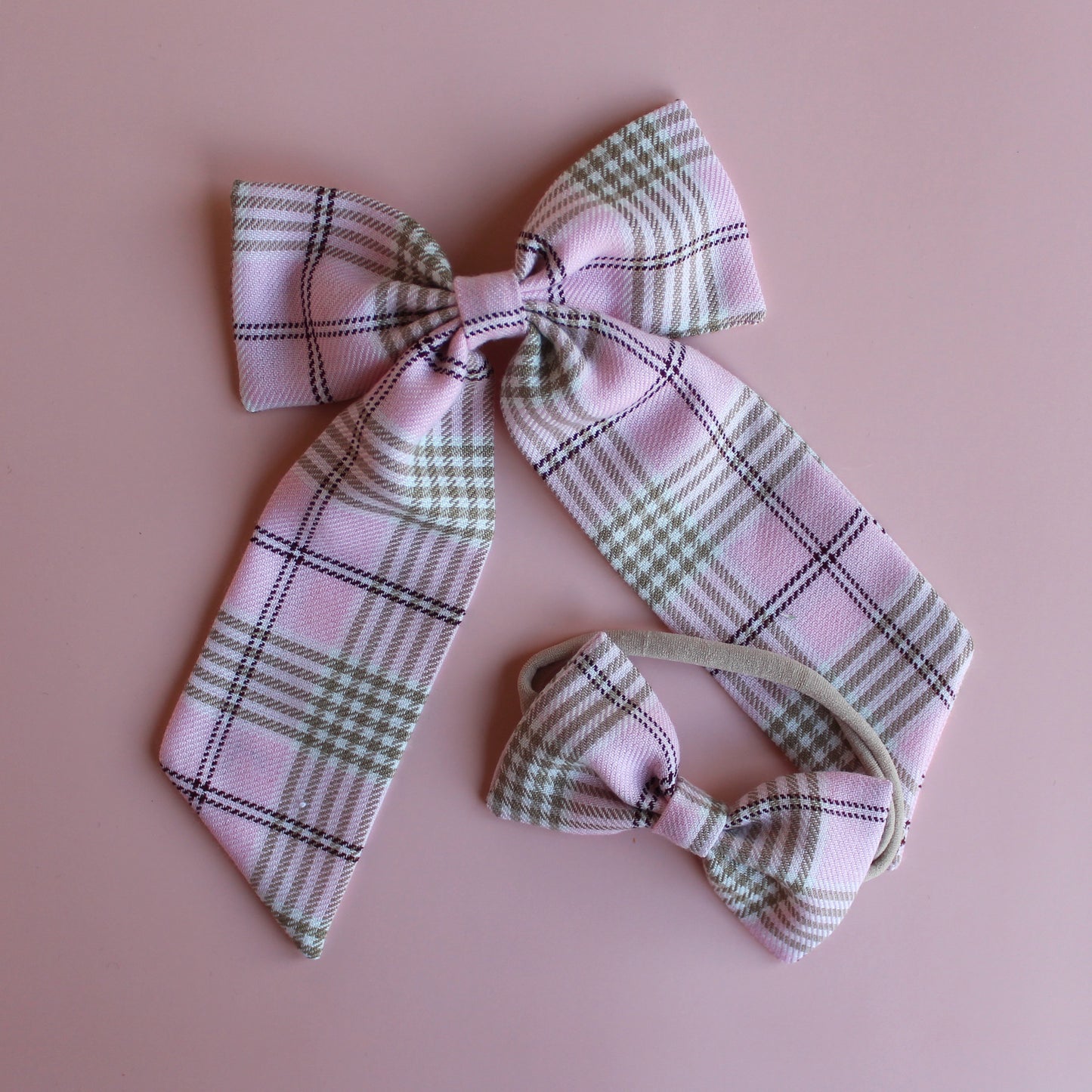 Pink and beige plaid tartan hair accessory gift set -  hair bow and baby headband