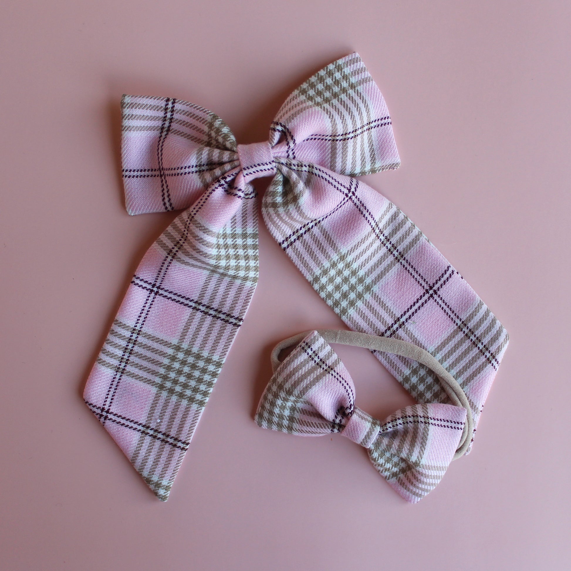 Pink and beige plaid tartan hair accessory gift set -  hair bow and baby headband
