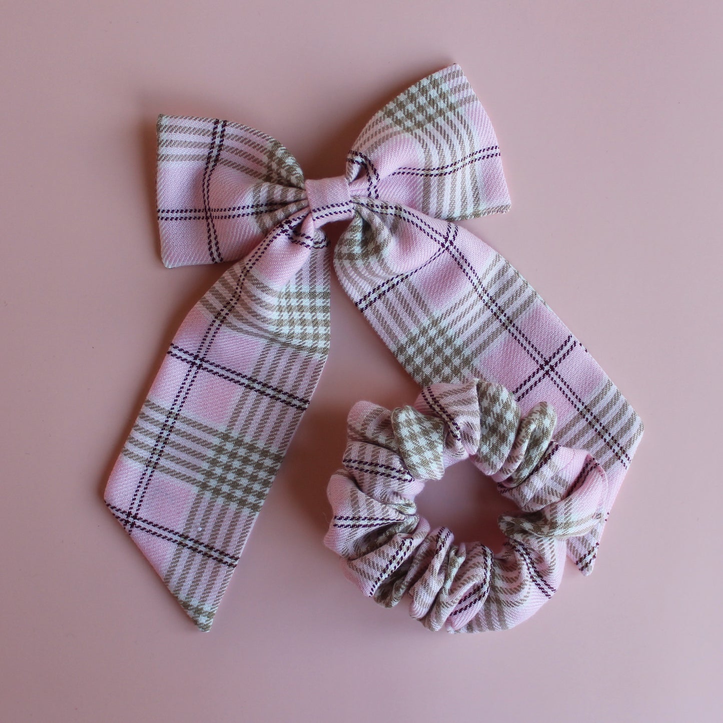 Pink and beige plaid tartan hair accessory gift set - scrunchie, hair bow