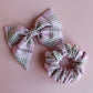 Pink and beige plaid tartan hair accessory gift set - scrunchie, hair bow