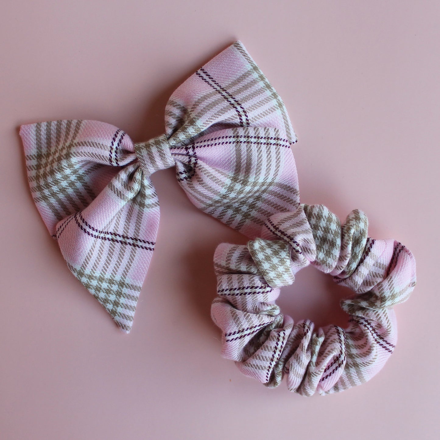 Pink and beige plaid tartan hair accessory gift set - scrunchie, hair bow