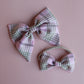 Pink and beige plaid tartan hair accessory gift set - hair bow and baby headband