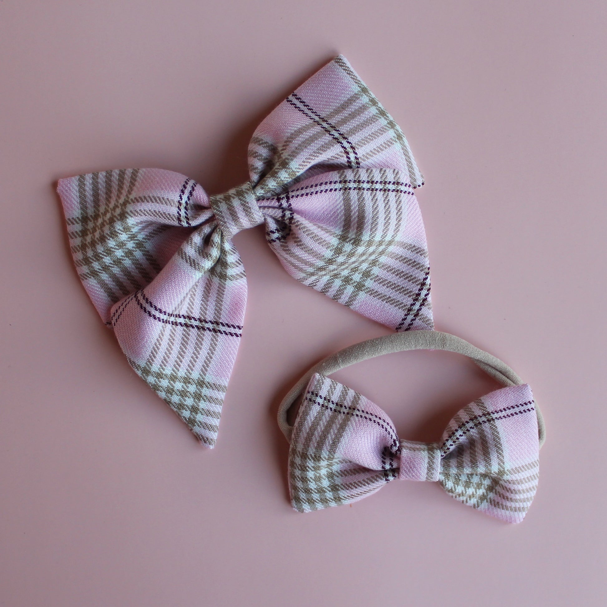 Pink and beige plaid tartan hair accessory gift set - hair bow and baby headband