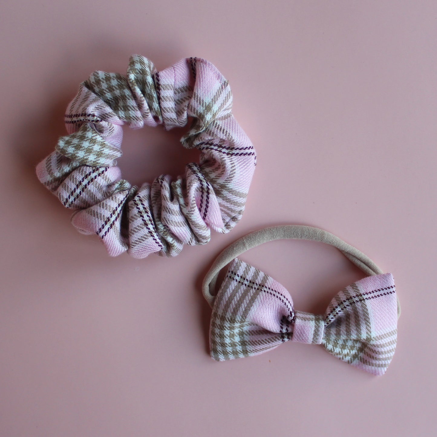 Pink and beige plaid tartan hair accessory gift set - scrunchie baby headband