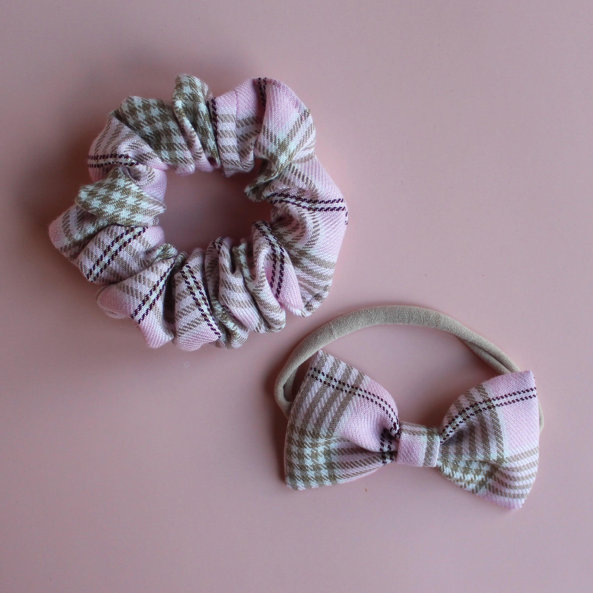 Pink and beige plaid tartan hair accessory gift set - scrunchie baby headband