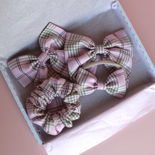 Pink and beige plaid tartan hair accessory gift set - scrunchie, hair bows and baby headband