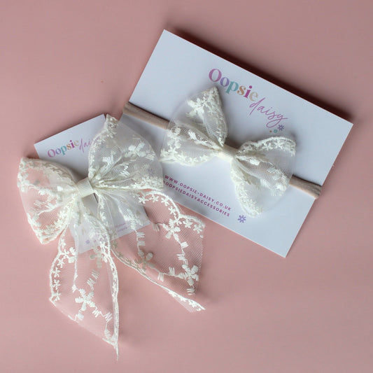 Off-white lace floral hair bow and baby headband gift set