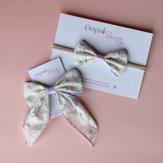 Cream and lilac lace floral hair bow gift set with baby headband and bow clip