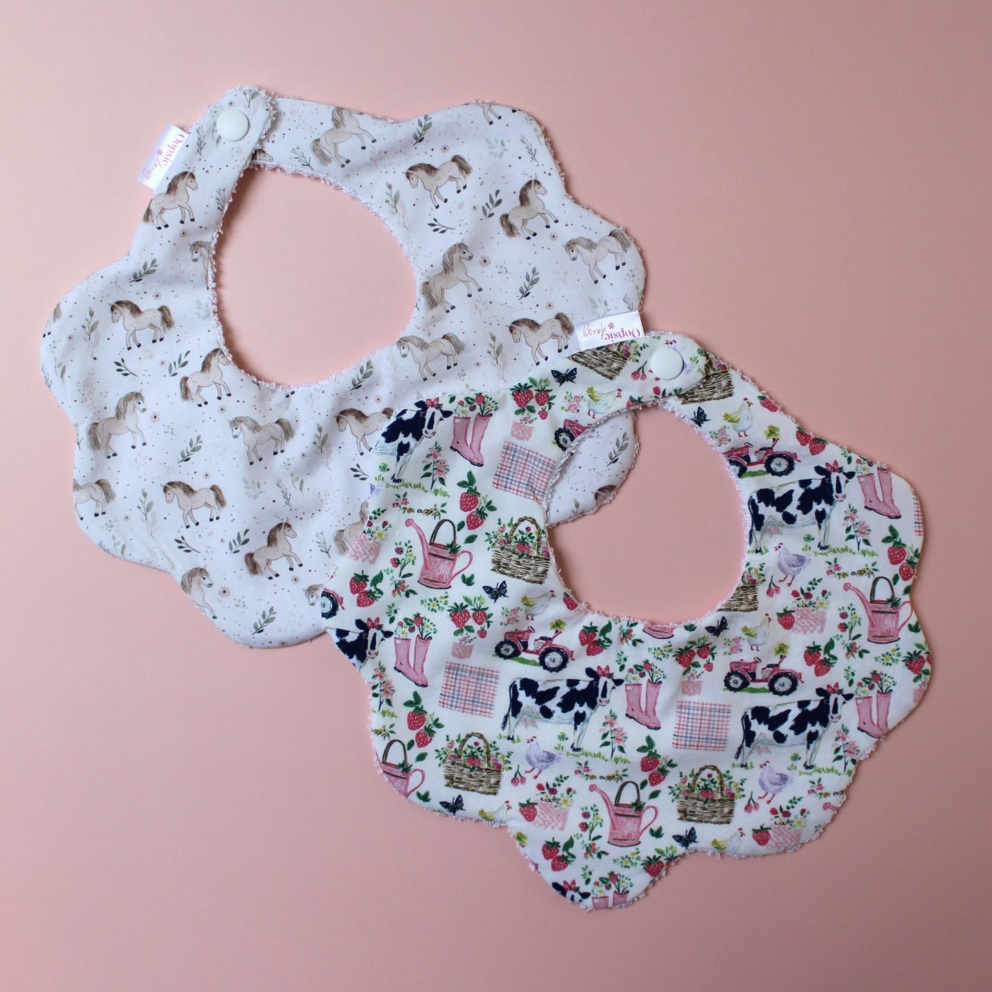 Set of 2 scallop baby bibs with girls farm animal designs