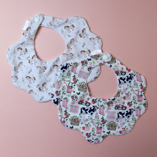Set of 2 scallop baby bibs with girls farm animal designs