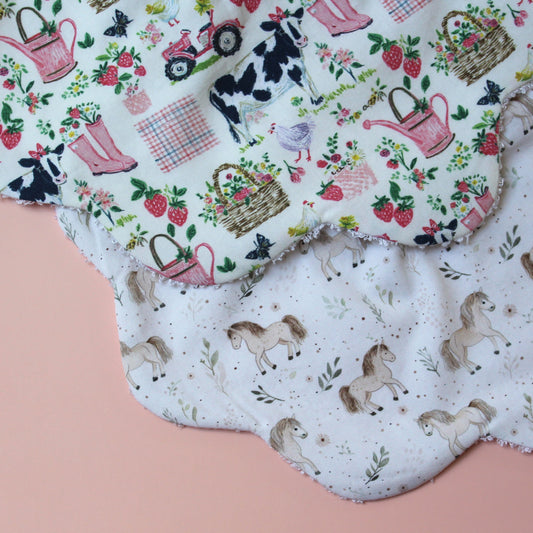 Set of 2 scallop baby bibs with girls farm animal designs