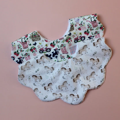Set of 2 scallop baby bibs with girls farm animal designs