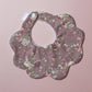 Scallop baby bib in dark pink with vintage floral pink pattern