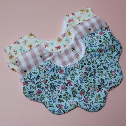 Set of 3 girl scallop baby bibs with bee, butterfly and floral patterns