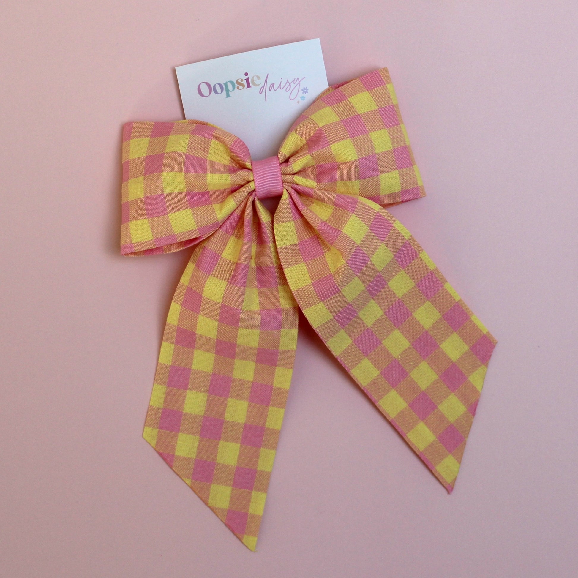 Pink and yellow gingham hair bow