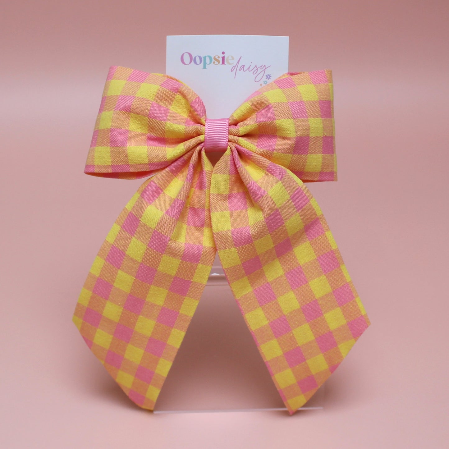 Pink and yellow gingham hair bow