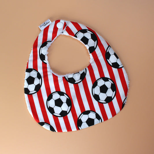 Red and white striped football baby bib