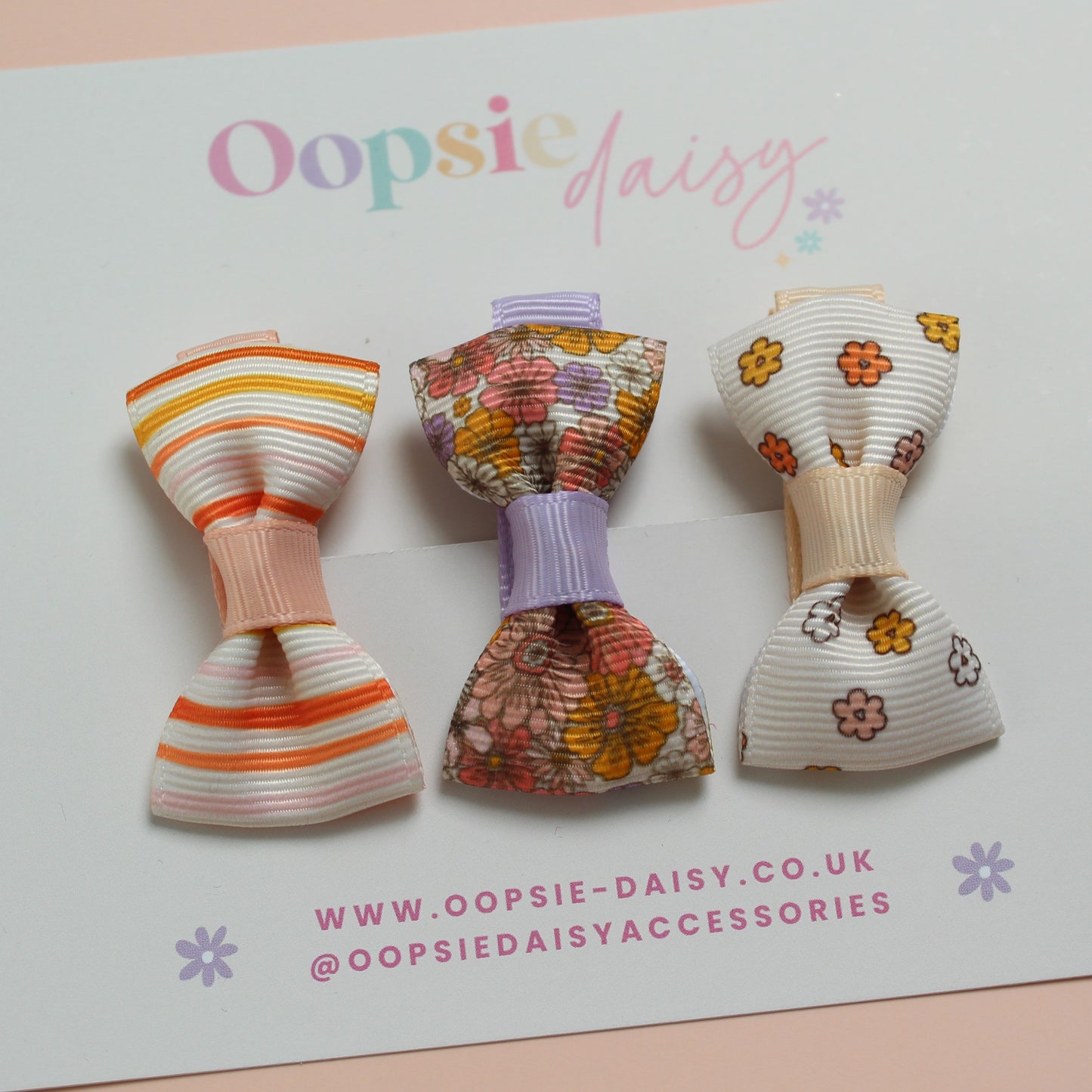 Set of 3 mini hair bow clips with flower and stripe patterns