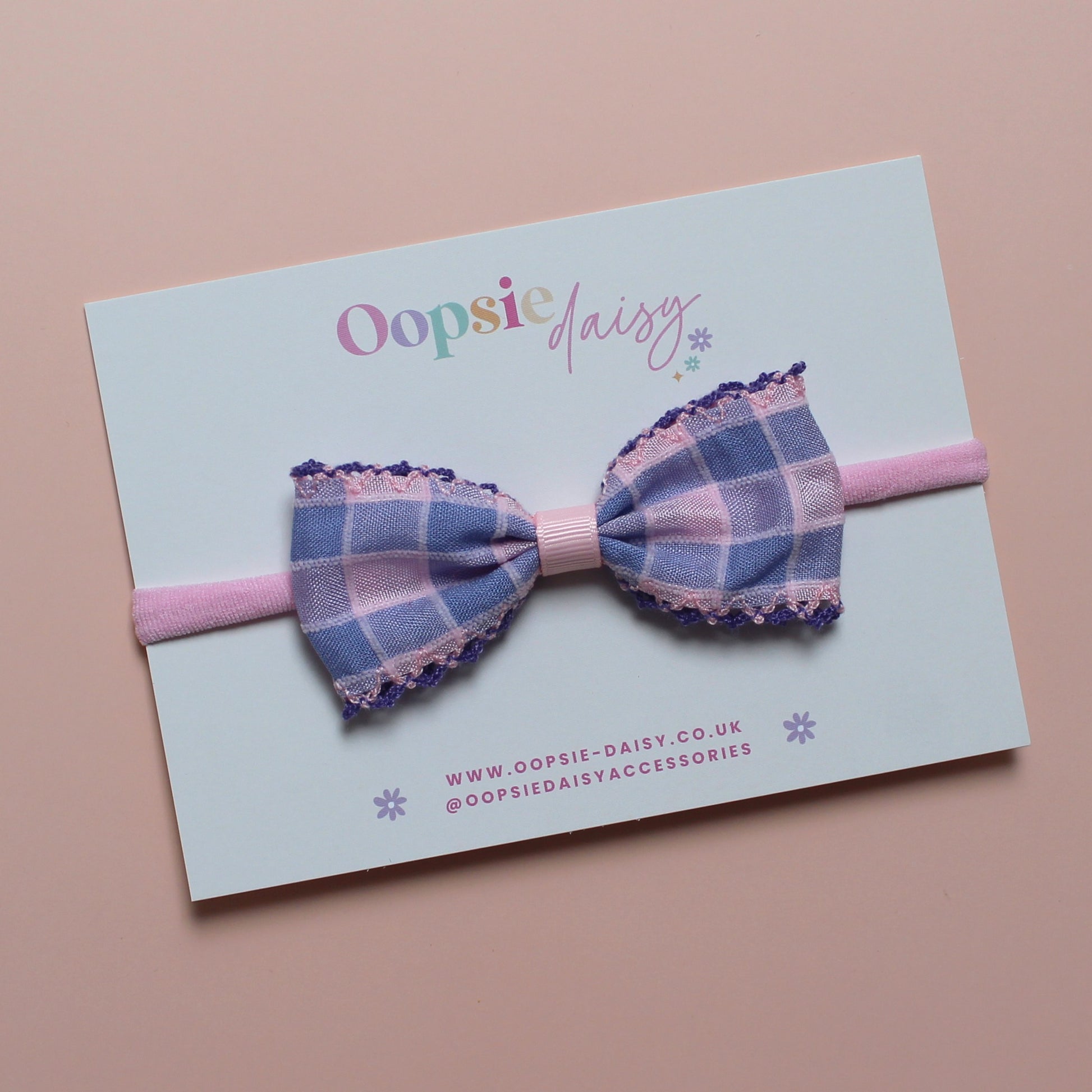 pink baby headband with pink and purple check gingham bow