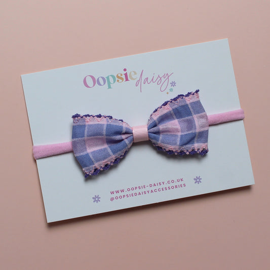 pink baby headband with pink and purple check gingham bow