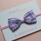 pink baby headband with pink and purple check gingham bow