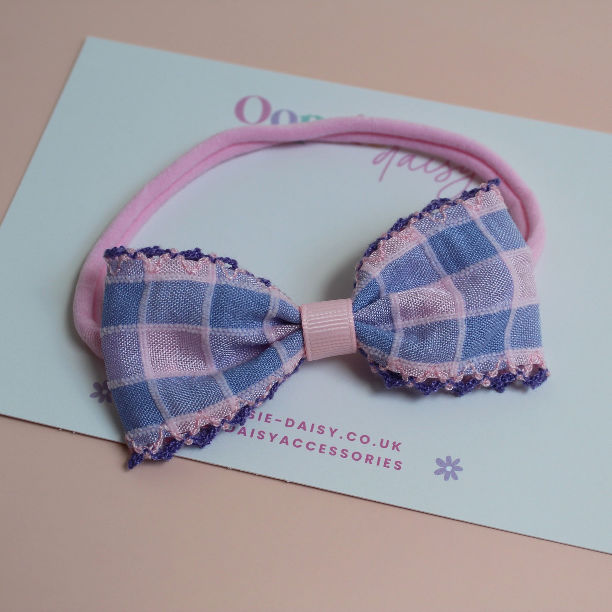 pink baby headband with pink and purple check gingham bow