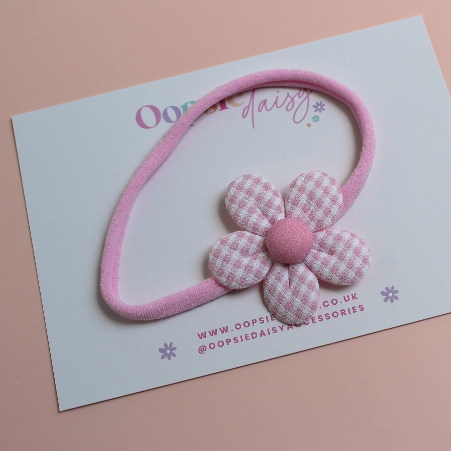 Pink baby headband with matching gingham flower