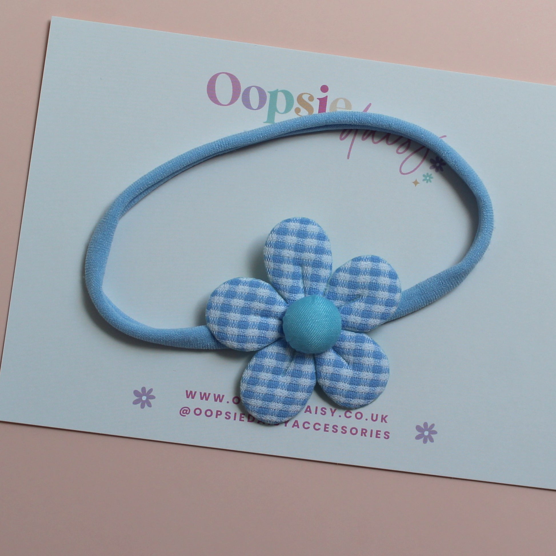 Blue baby headband with matching gingham flower