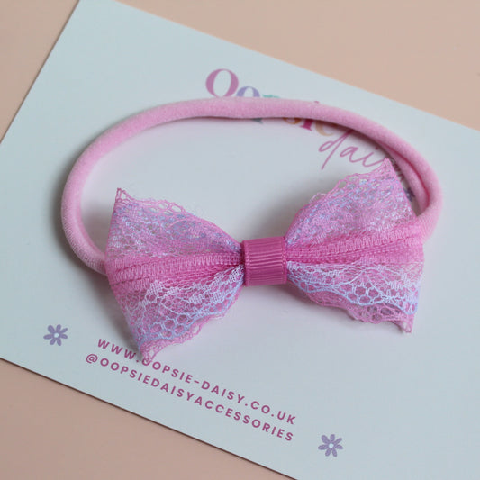 pink baby headband with lace pink and purple bow