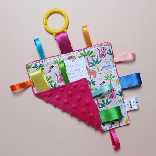 Sensory crinkle tag baby toy with jungle animal pattern
