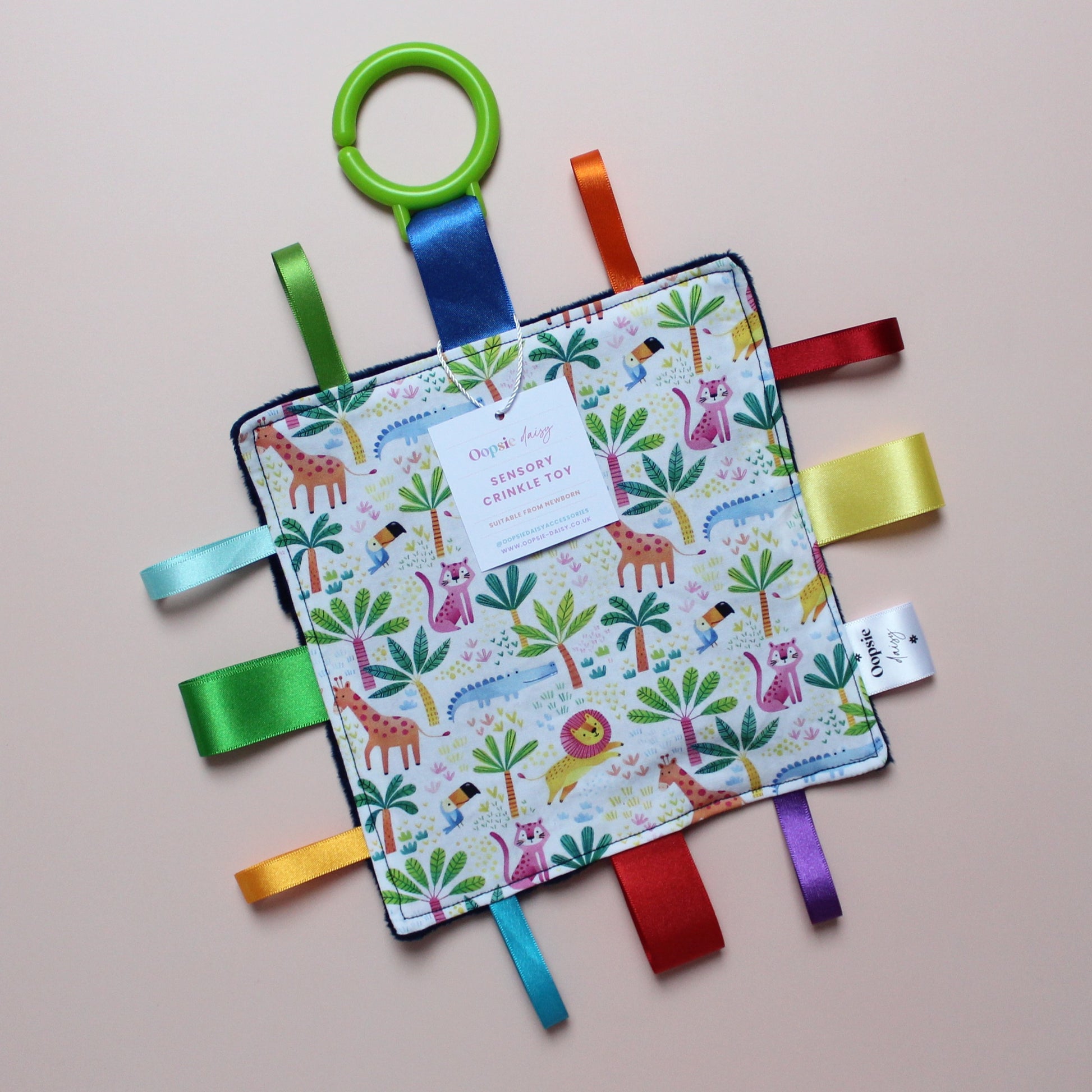 Sensory crinkle tag baby toy with jungle animal pattern