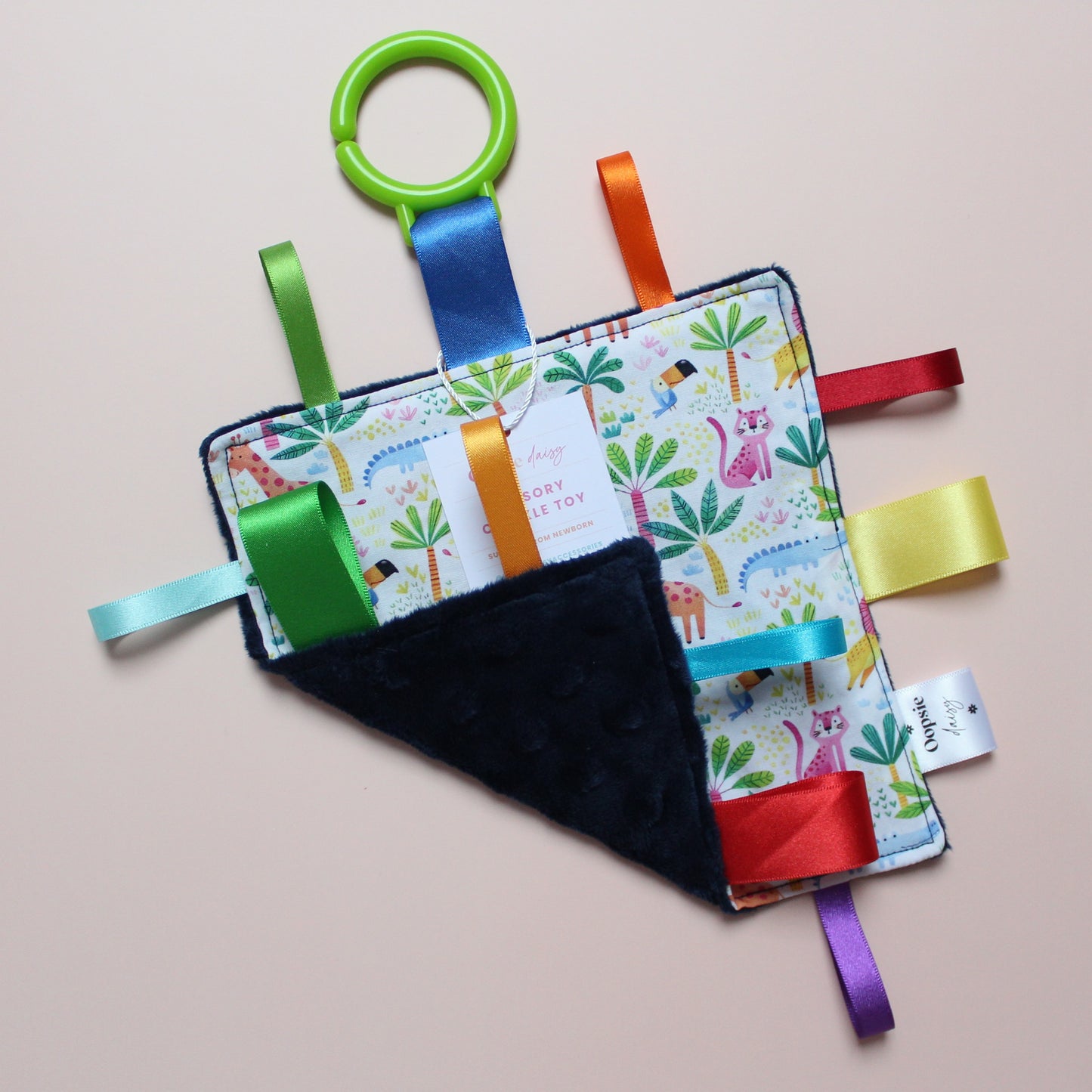 Sensory crinkle tag baby toy with jungle animal pattern