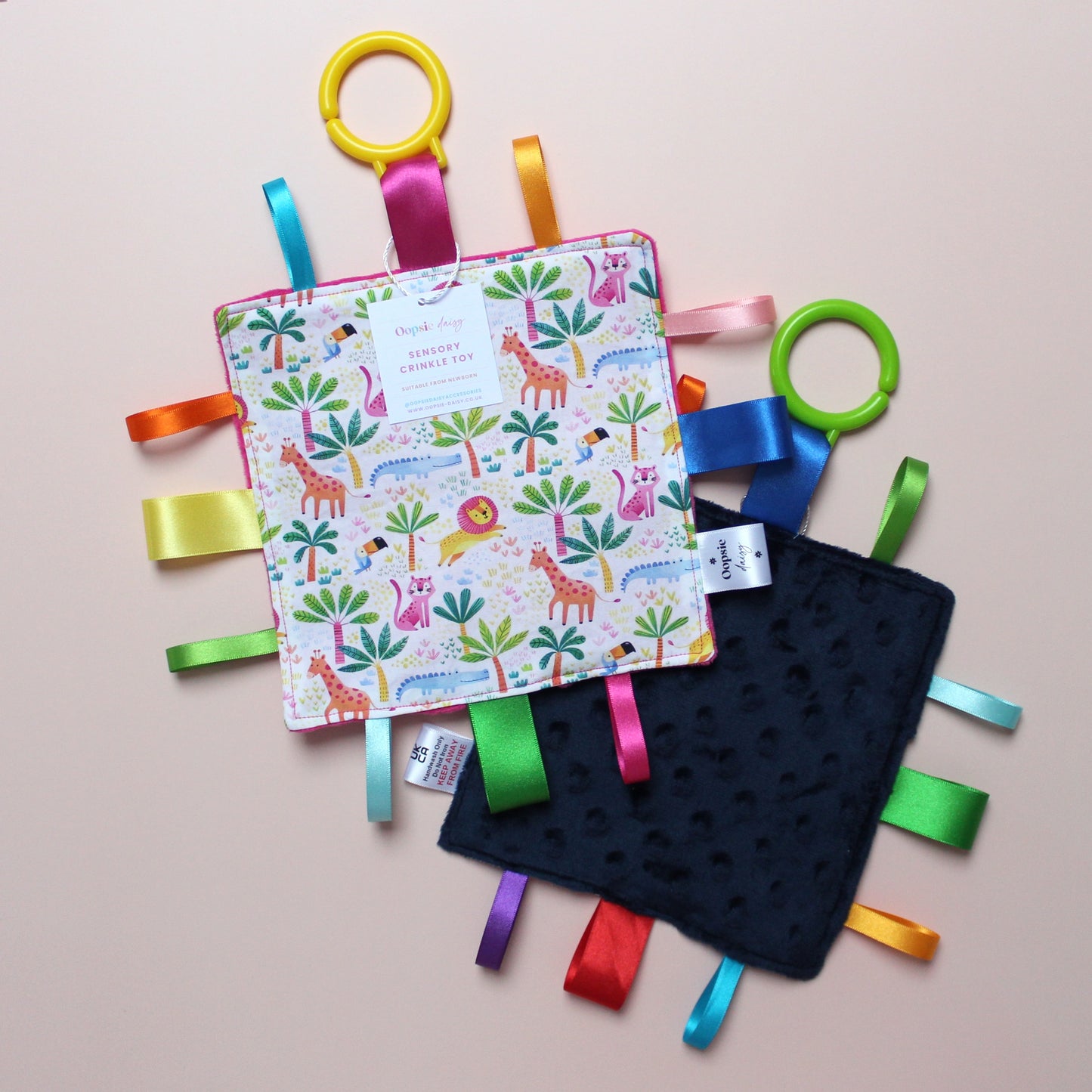 Sensory crinkle tag baby toy with jungle animal pattern