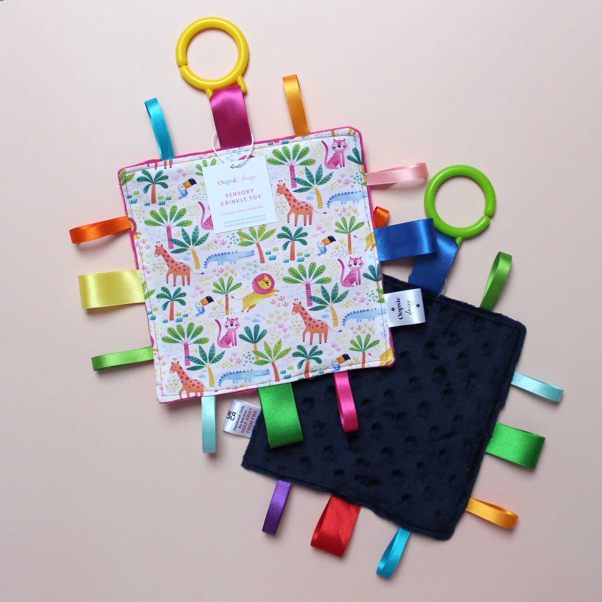 Sensory crinkle tag baby toy with jungle animal pattern