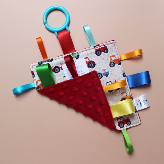 Sensory crinkle tag baby toy with tractor pattern