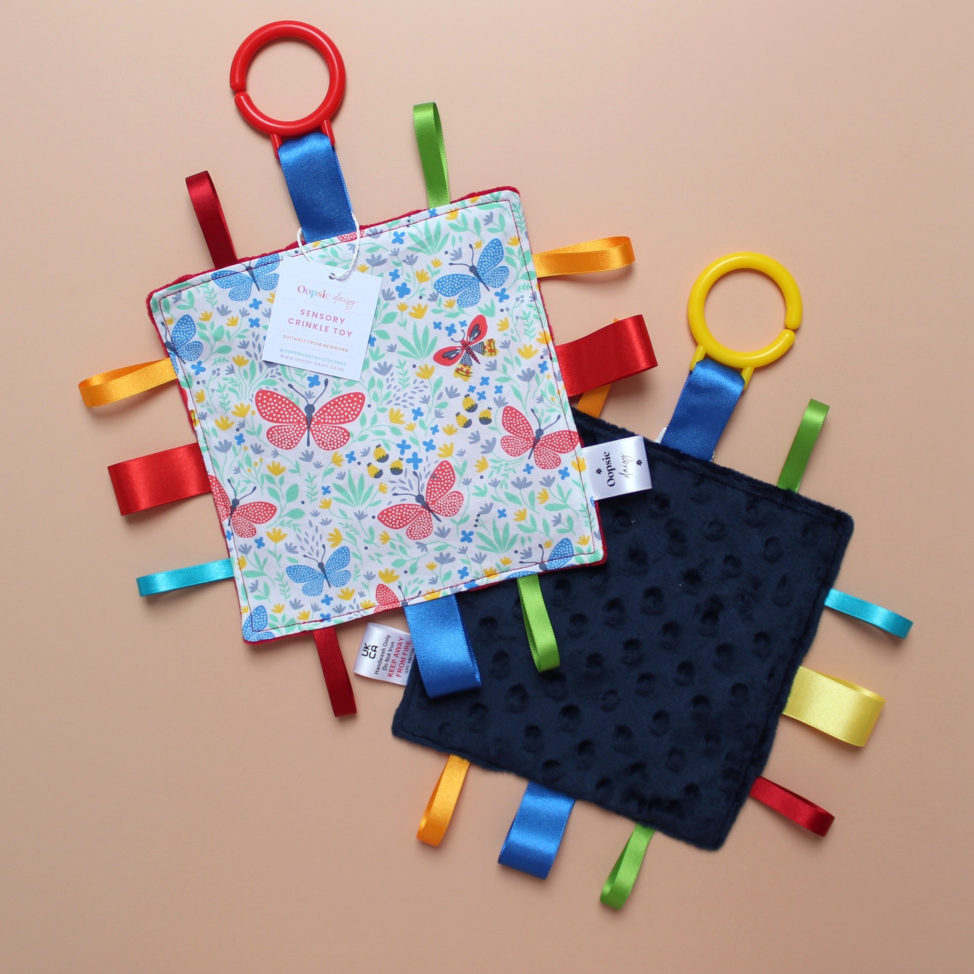 Sensory crinkle tag baby toy with butterfly pattern