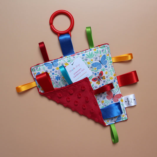 Sensory crinkle tag baby toy with butterfly pattern
