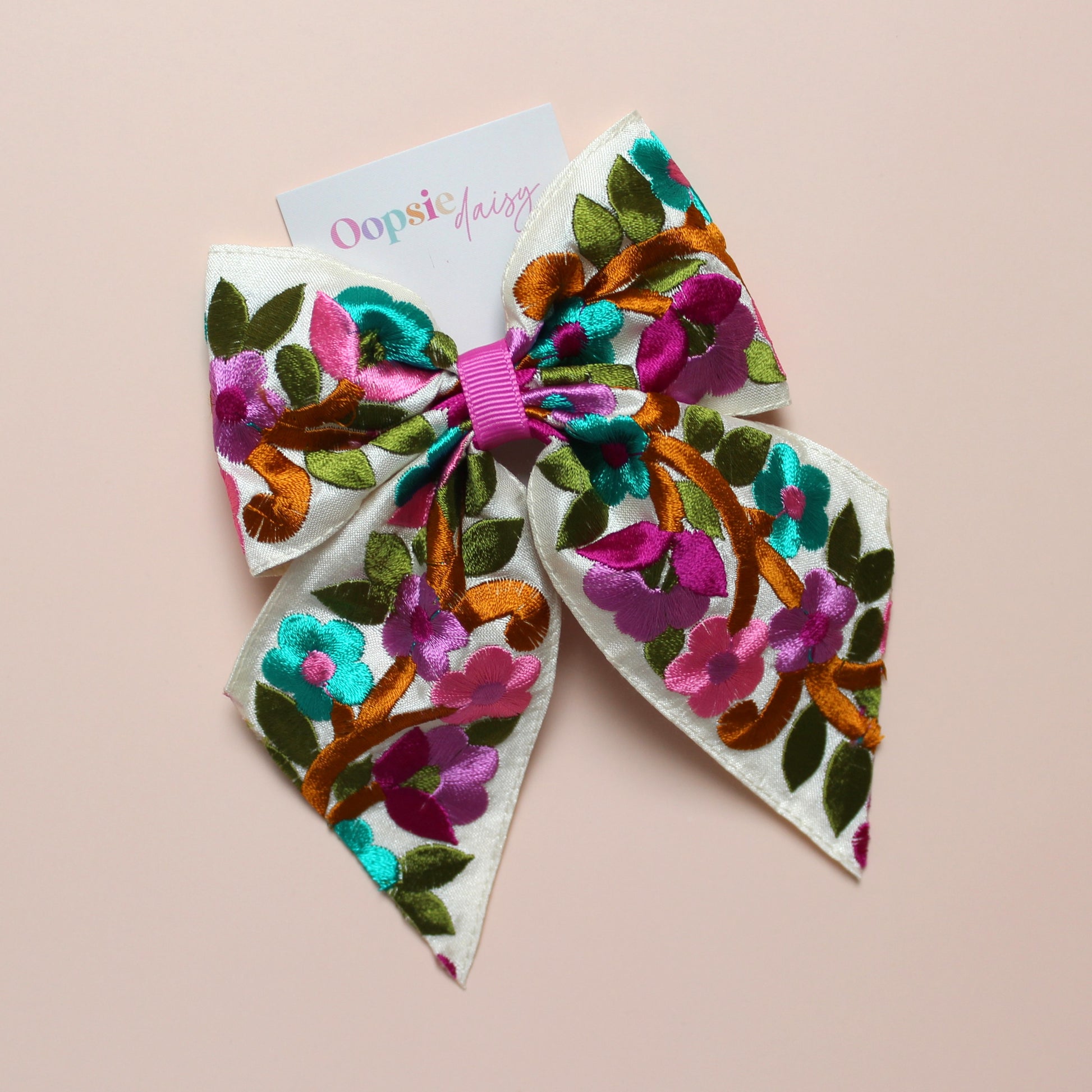 Multicolour embroidered floral hair bow clip