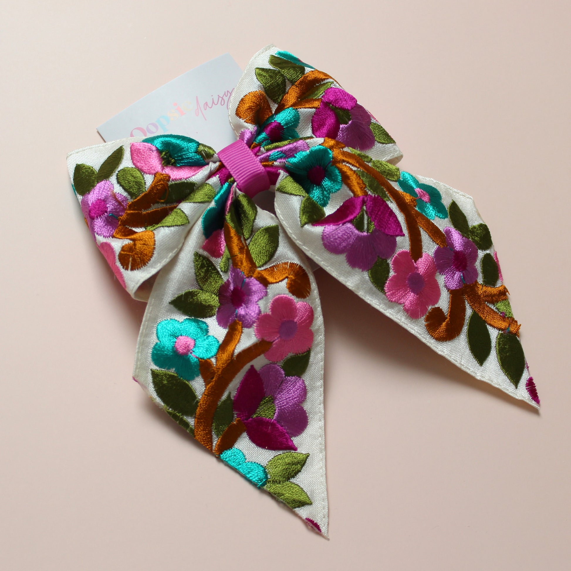 Multi colour embroidered floral hair bow clip