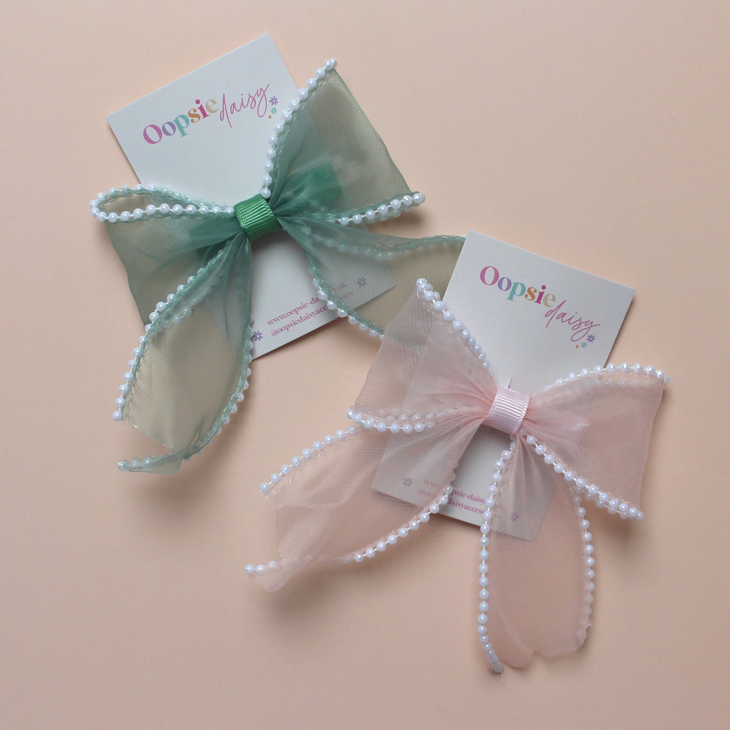 Pink and green organza hair bows with pearls