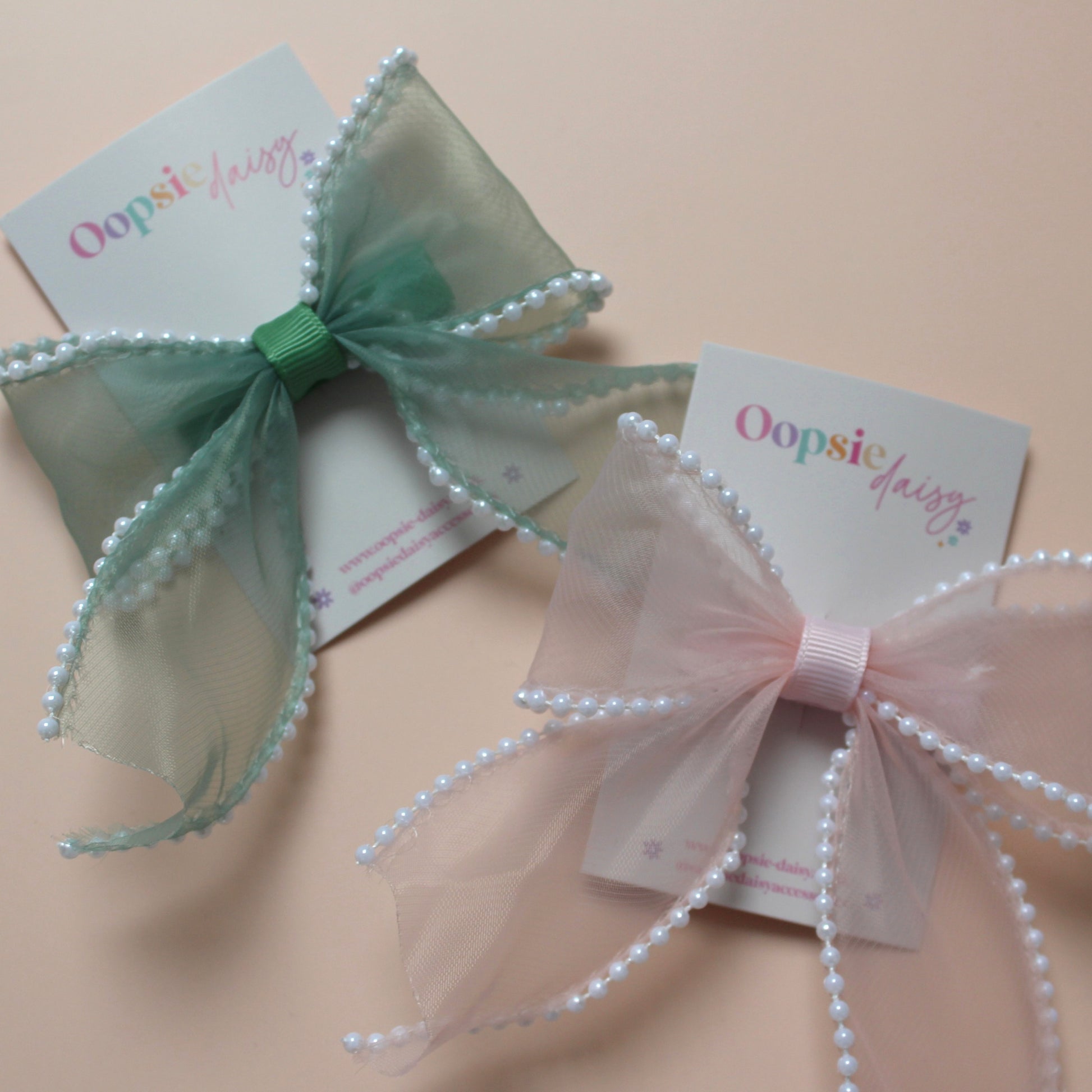 Pink and green organza hair bows with pearls