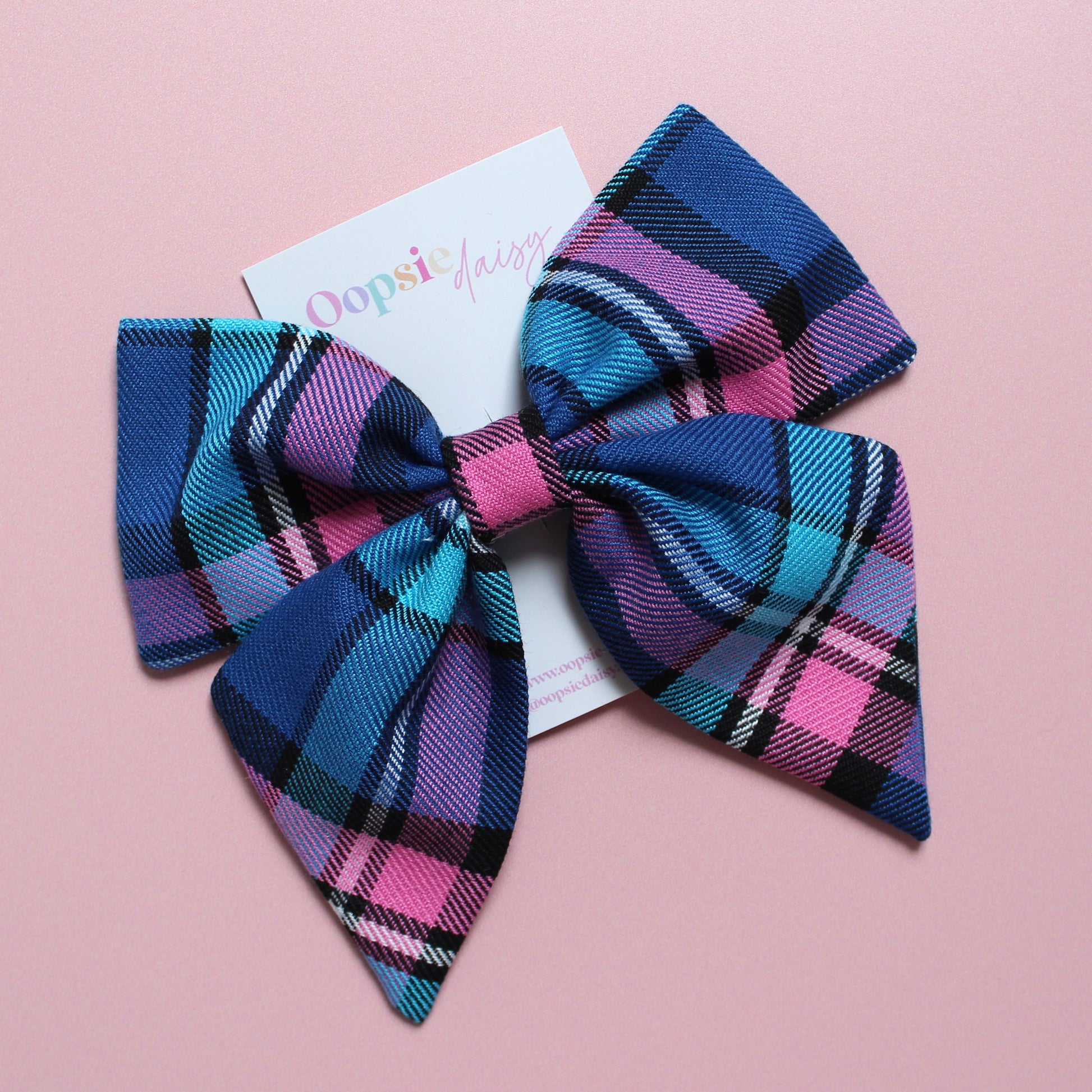 Blue & pink plaid tartan hair bow