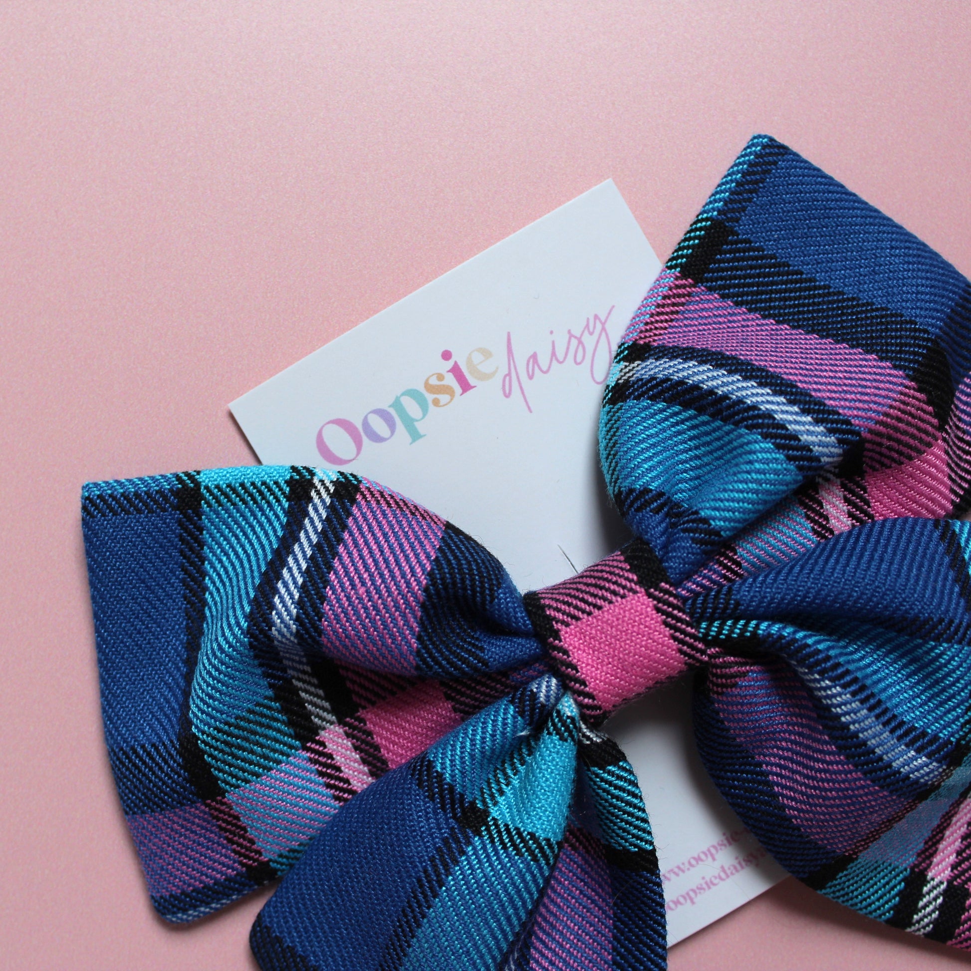 Blue & pink plaid tartan hair bow
