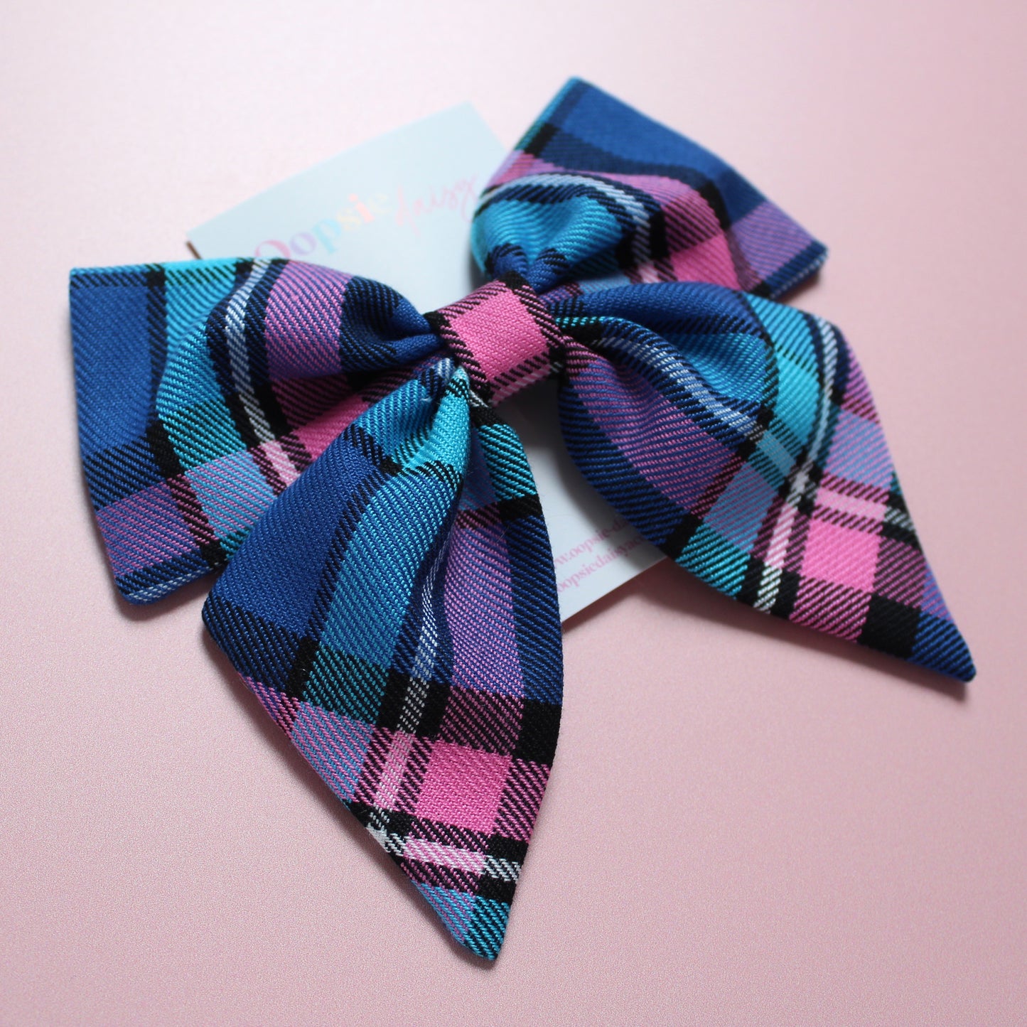 Blue & pink plaid tartan hair bow