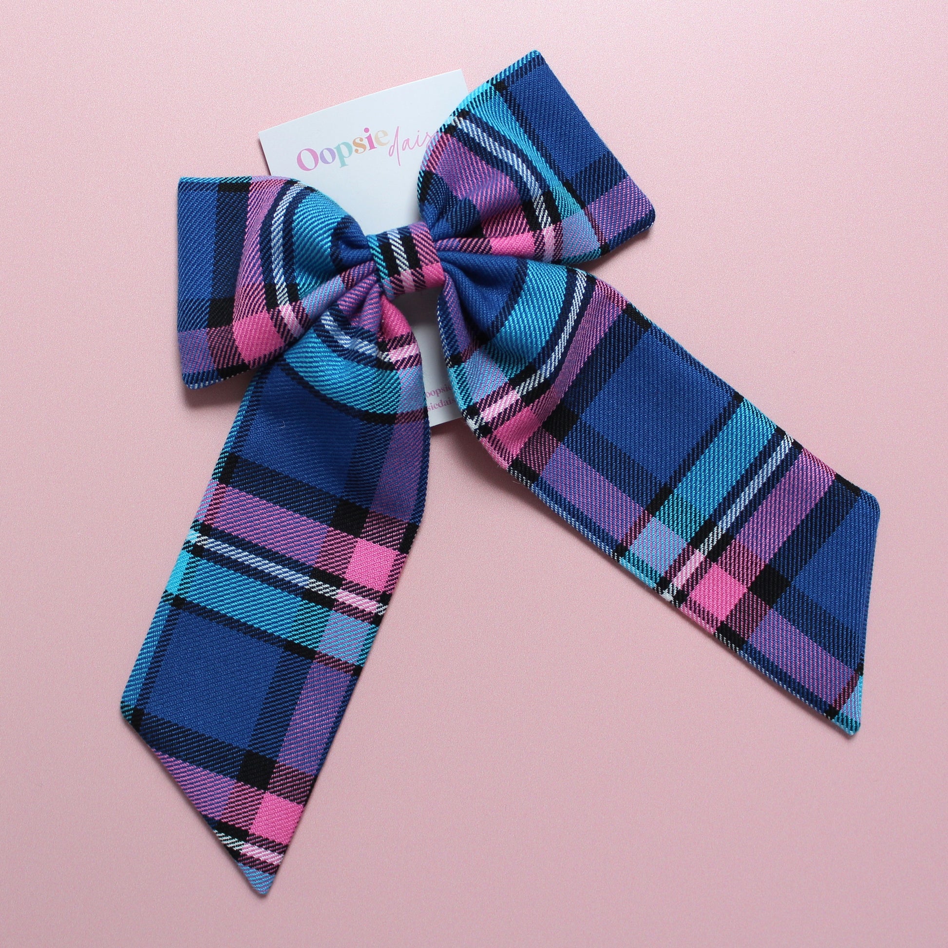 Blue & pink plaid tartan hair bow