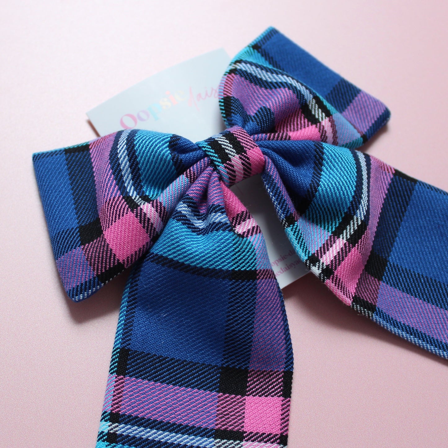 Blue & pink plaid tartan hair bow